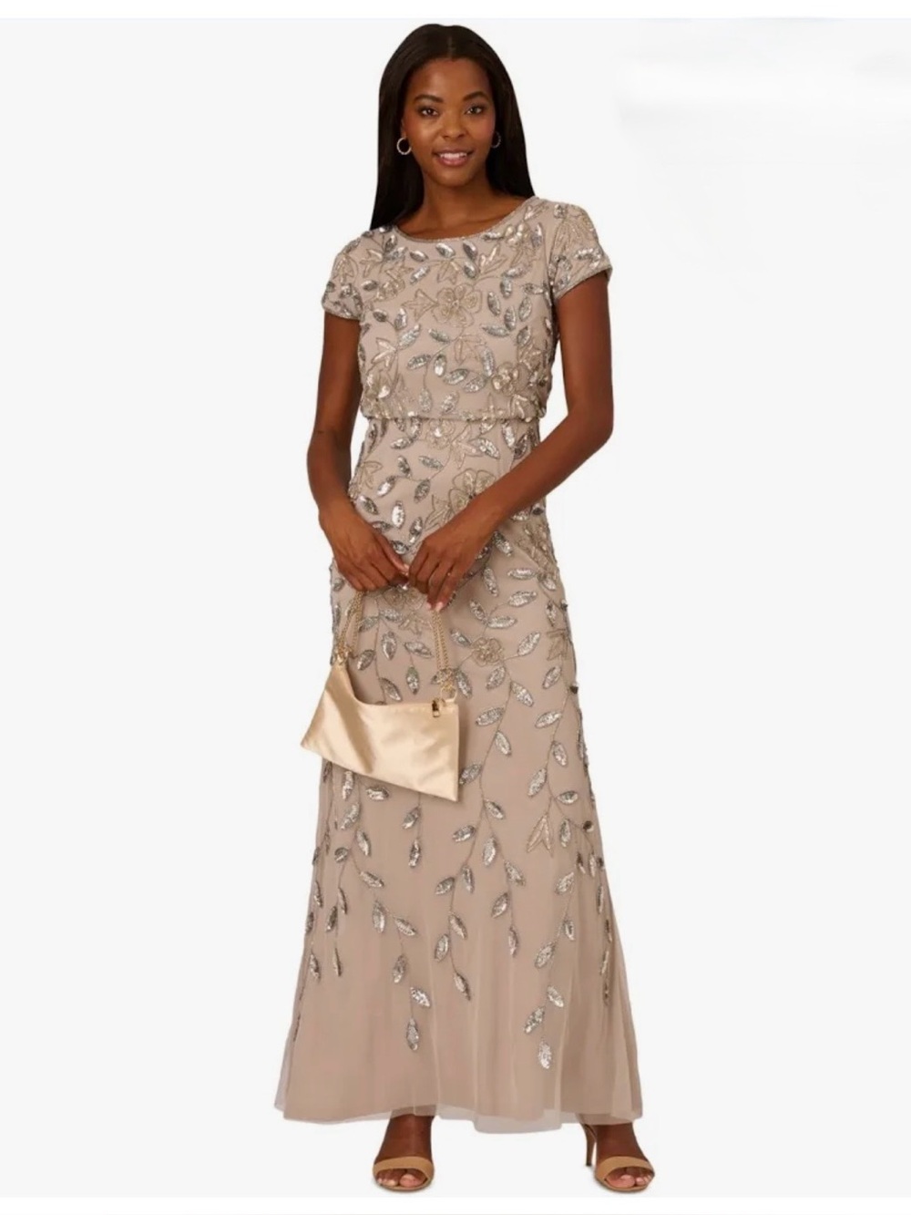 Adrianna Papell Women's Beaded Blouson Long Dress, Marble, 12 New